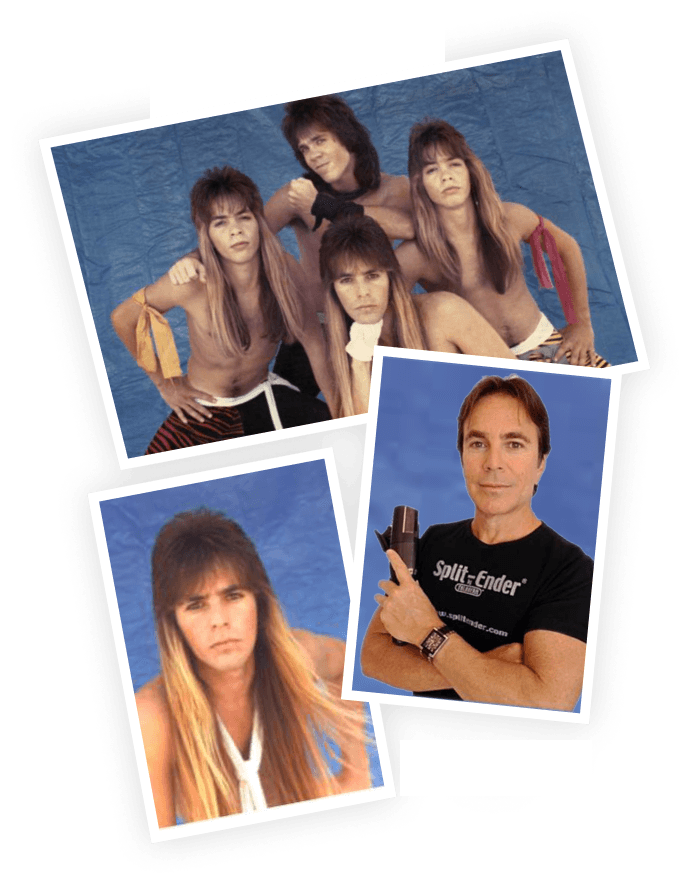 Three photographs of Victor Talavera laid out as overlapping prints: a band portrait, a younger Victor with hair past his shoulders, and Victor today in a Split Ender T-shirt, holding the device