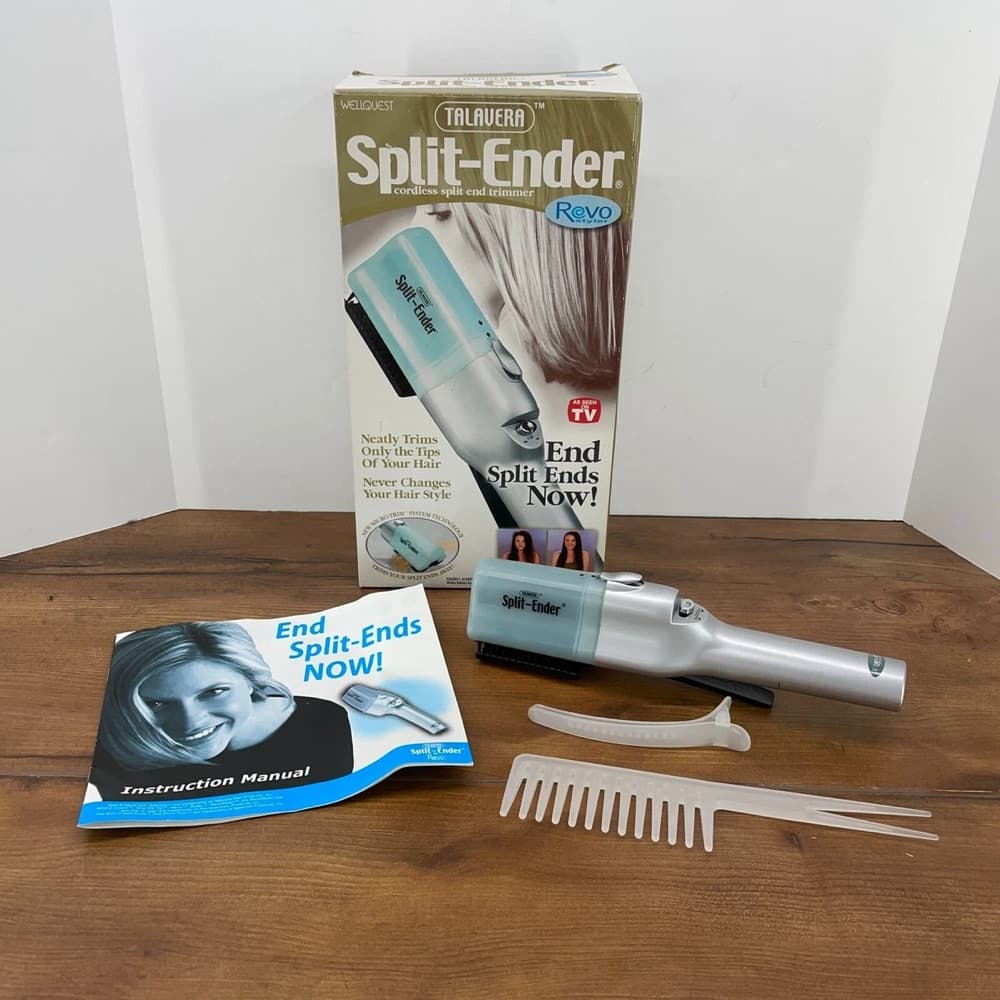 The boxed Split Ender by Revo Styler beside its instruction manual, comb and sectioning clip