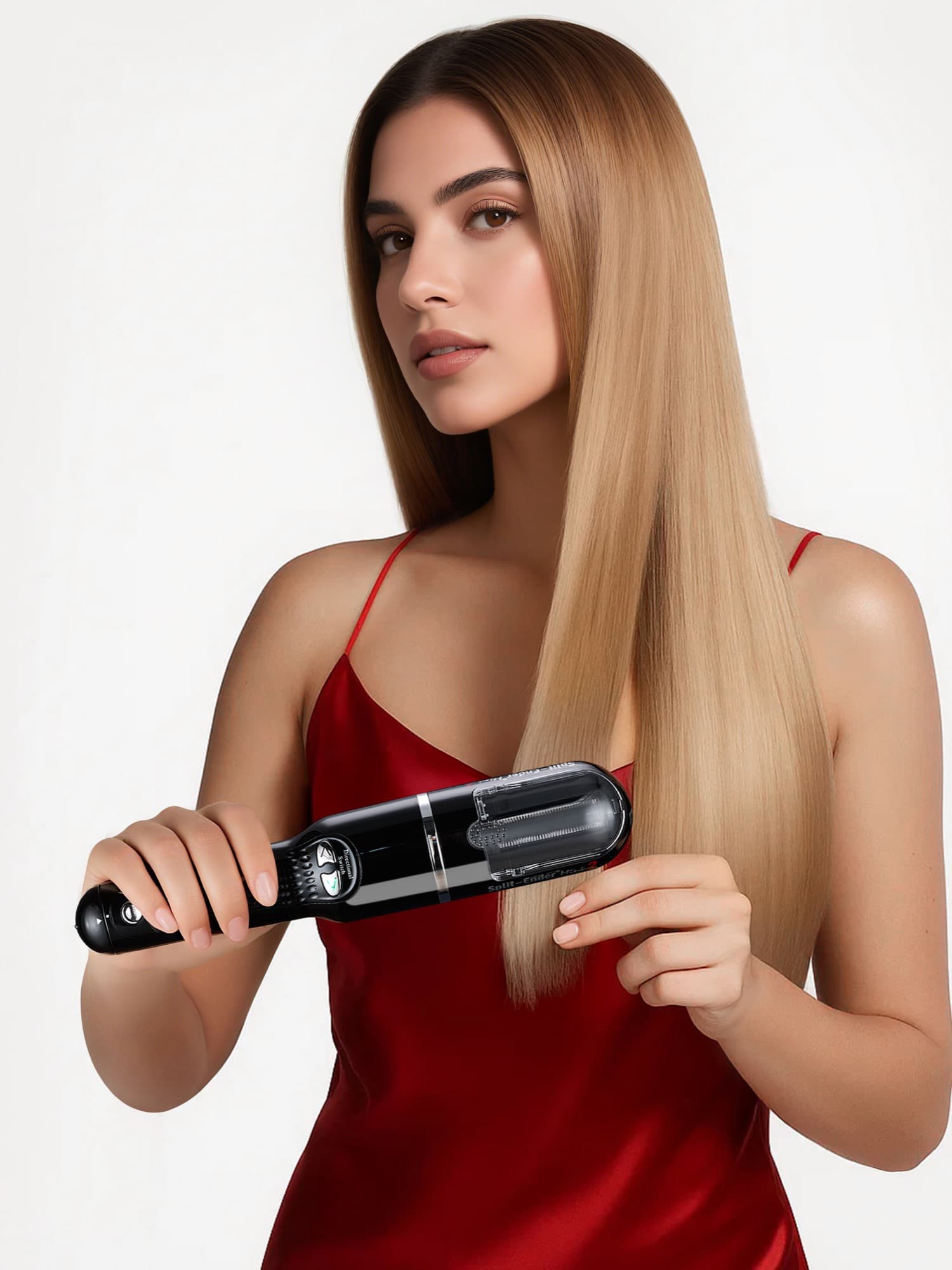 A woman drawing a black Split Ender Mini 2 down a length of her own long hair