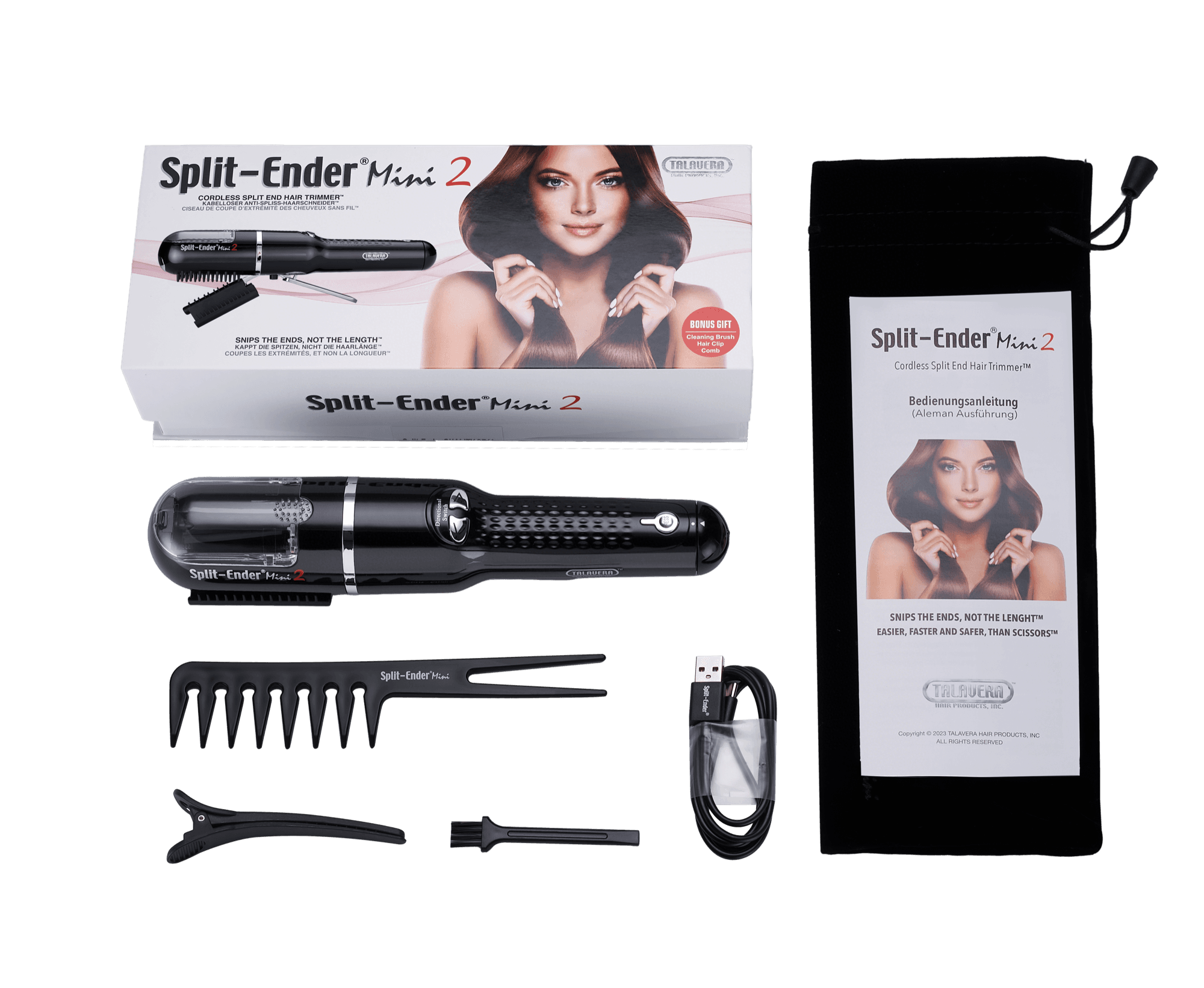 Black Split Ender Mini 2 with its box, USB-C cable, comb, sectioning clip, cleaning brush, and travel pouch