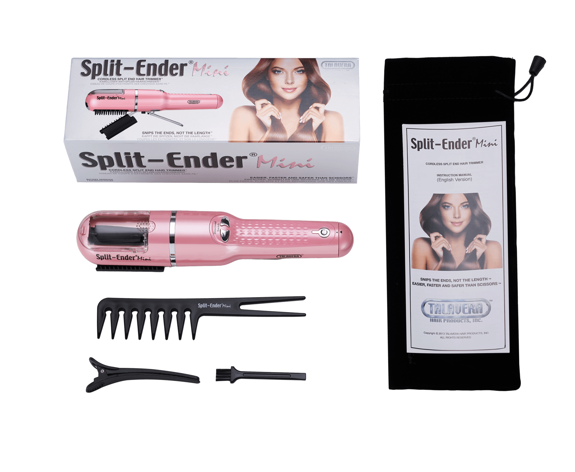 Light pink Split Ender Mini with its box, comb, sectioning clip, cleaning brush, and travel pouch