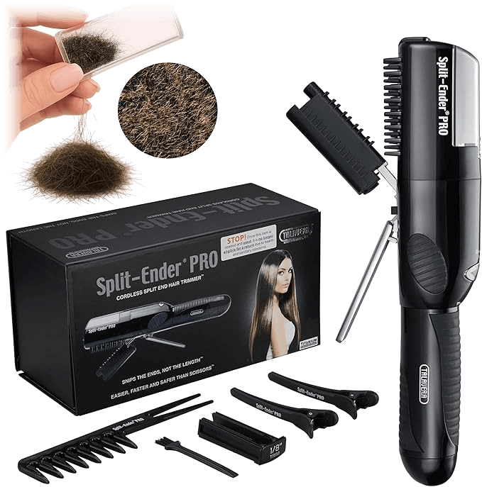 The black Split Ender PRO with its box, styling comb, two sectioning clips, cleaning brush and 1/8-inch trim spacer, and a hand holding a case of trimmed ends