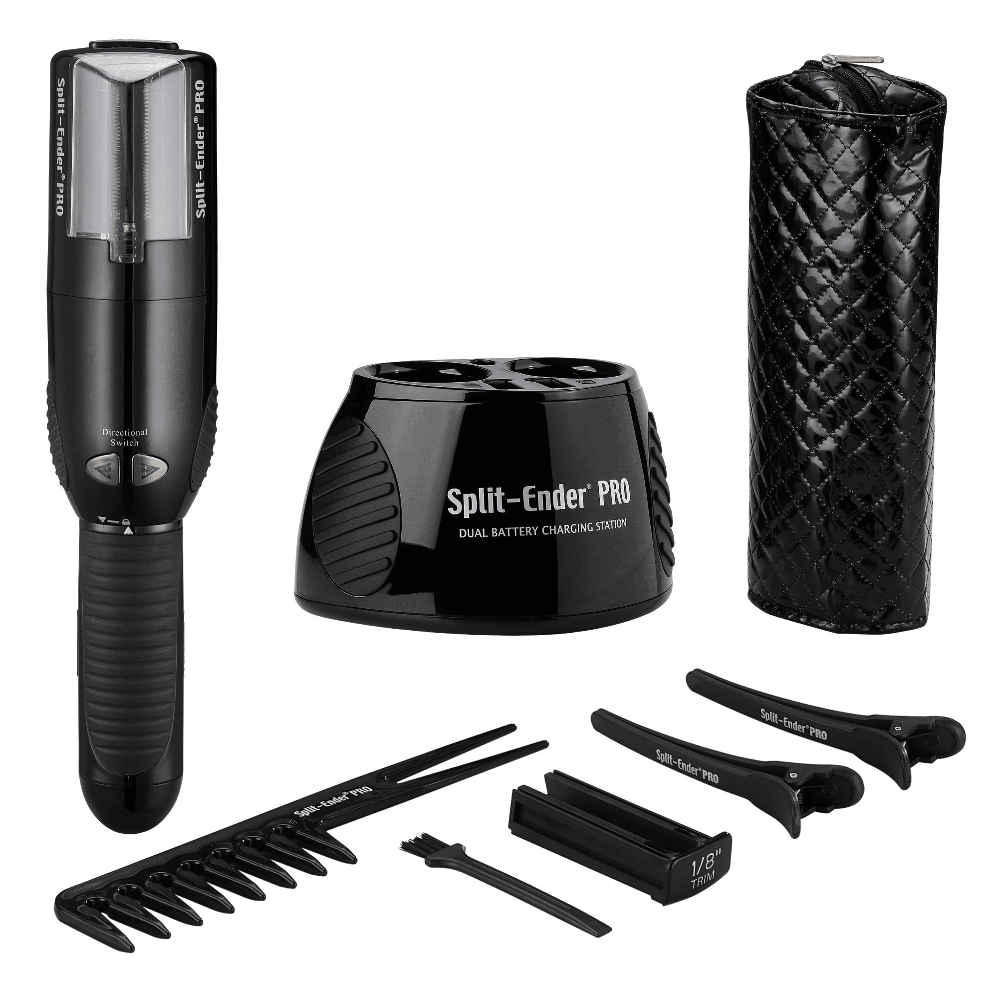 The black Split Ender PRO with its charging station, case and attachments