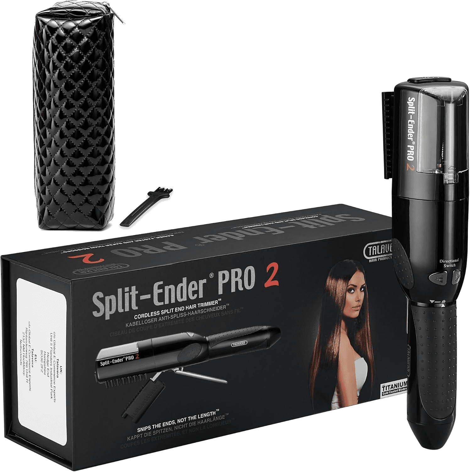 The black Split Ender PRO2 standing beside its box, with its quilted carrying case and cleaning brush