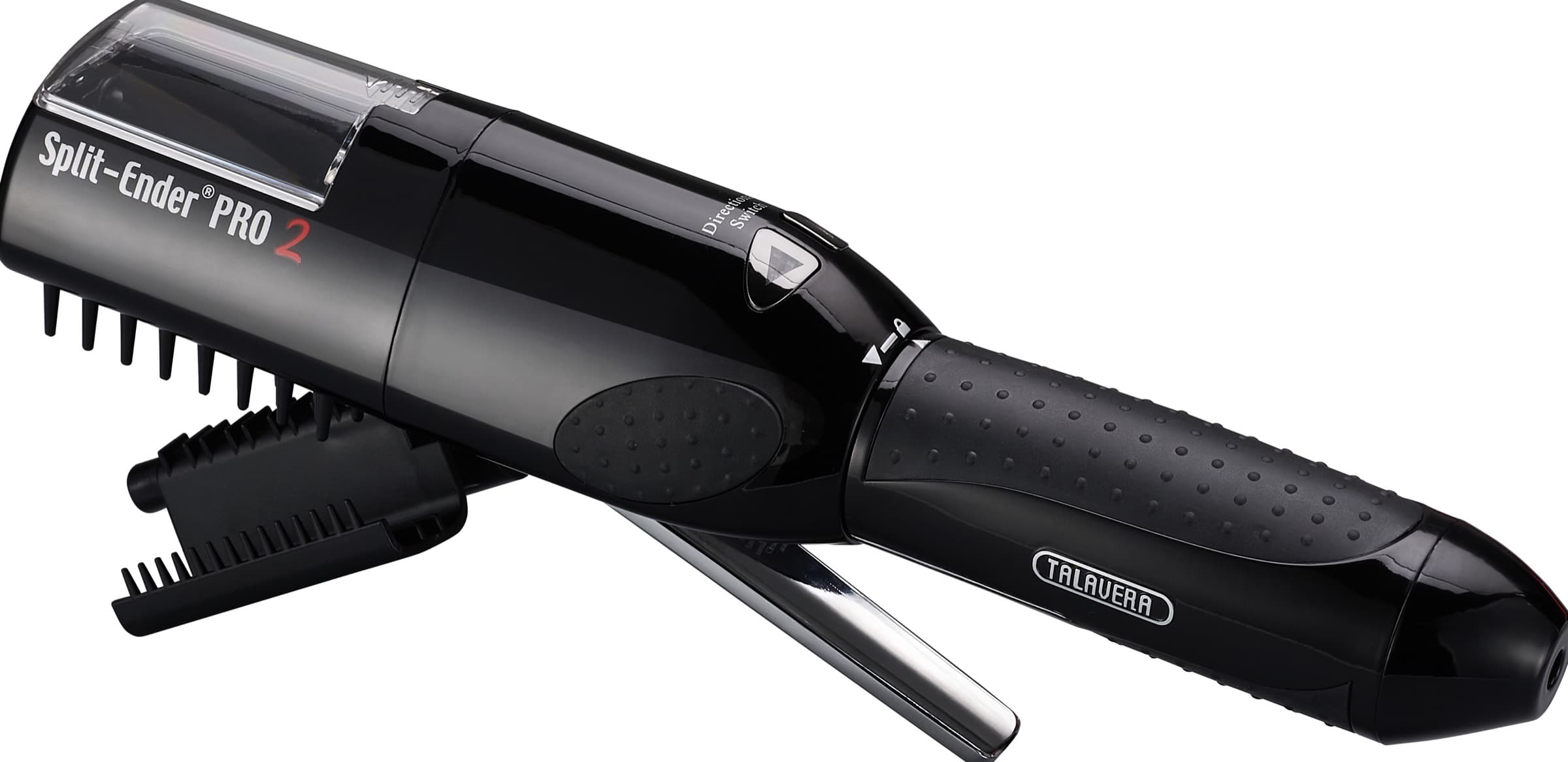 The black Split Ender PRO2 lying at rest with its comb attachment and stand, the Talavera badge on the grip