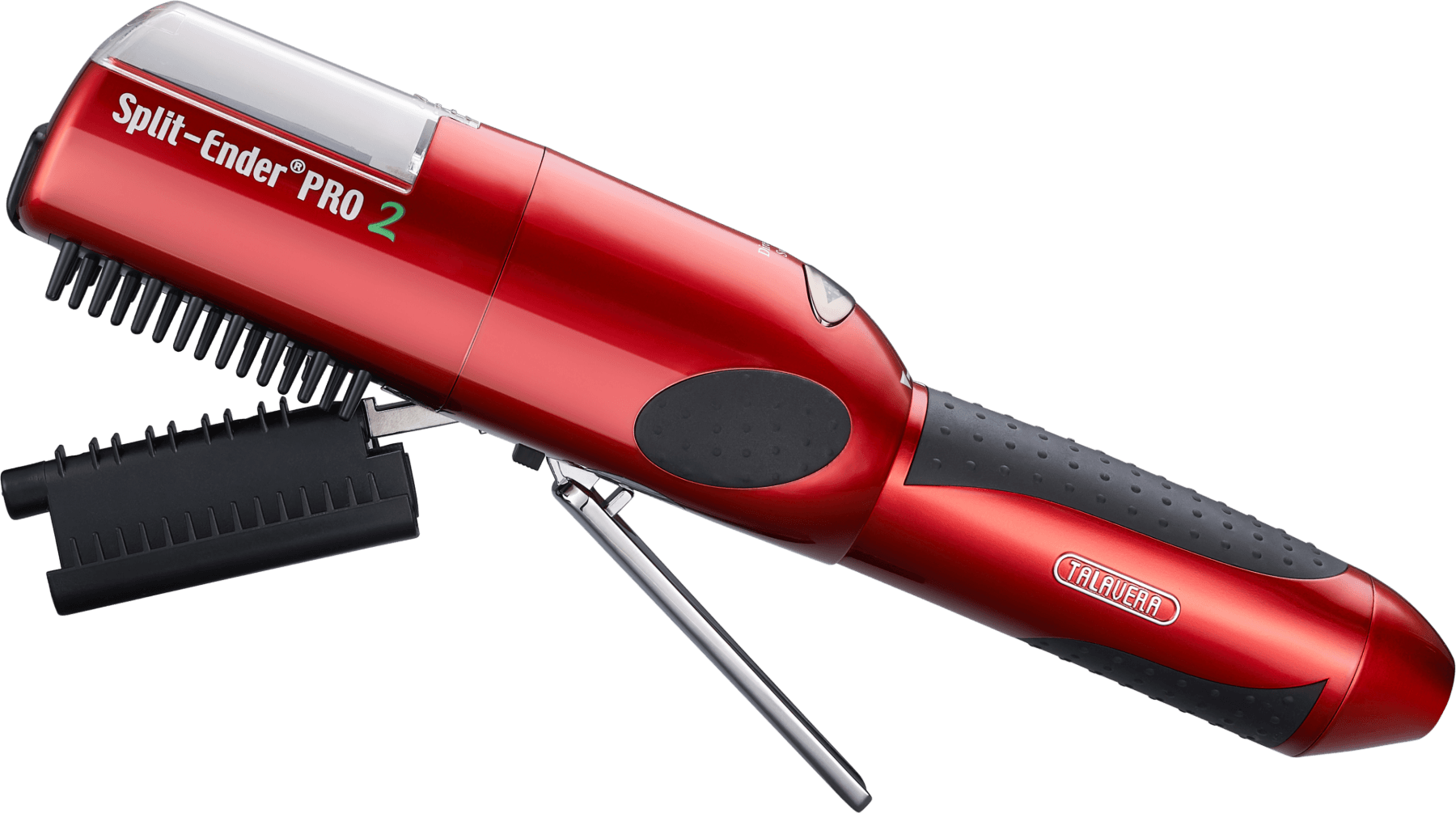 The red Split Ender PRO2 at three-quarters, its clear chamber and attachments visible
