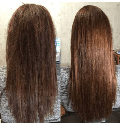Long brown hair photographed from behind twice side by side: frayed, uneven ends on the left, level ends at the same length on the right