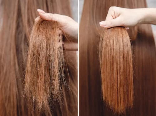 A section of auburn hair held up by hand and photographed twice side by side: ends splitting and wispy on the left, ends intact at the same length on the right